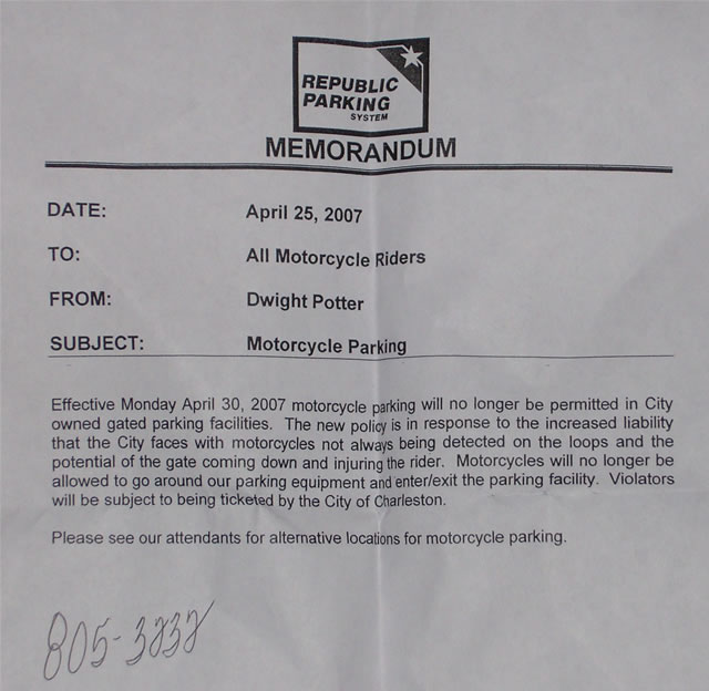 City of Charleston Motorcycle Apartheid Notice