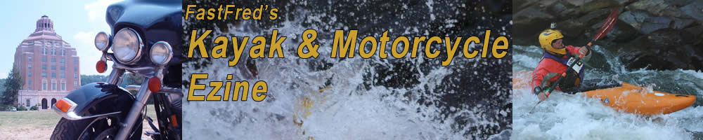 FastFred's Kayak & Motorcycle Banner image featuring Asheville Cityhall, Harley Davidson FLHT, and Liquidlogic Remix 69 Kayak at Hellhole on Ocoee